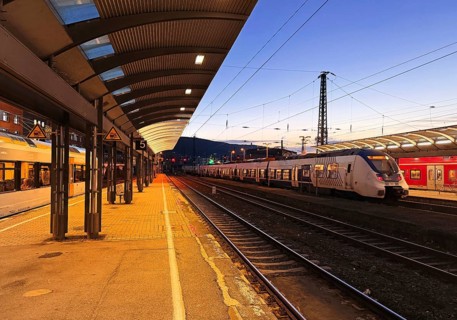 Deserted platform with regional express in the evening, central railway station, Hagen, North