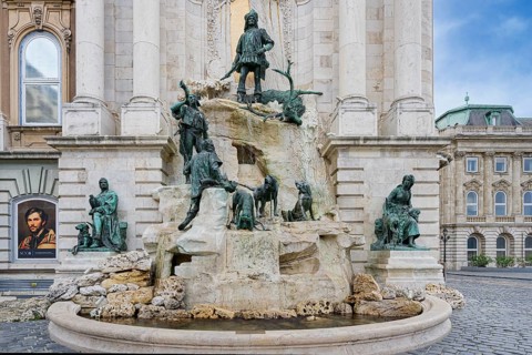Buda Castle, Spectacular Mathias fountain with hunter statues, Budapest, Hungary