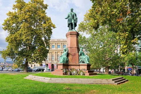 Count István Széchenyi statue in front of the Neo-Renaissance building of the Hungarian Academy of