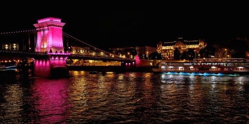 Chain Bridge at night viewed from the Danube River, Budapest, Hungary