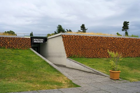 Modern museum with grass roof and tile cladding, minimalist architectural design, Historical
