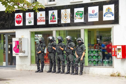 June 10, 2012 Demonstration in Göppingen, Baden-Württemberg, Germany. Riot police stand in a row in