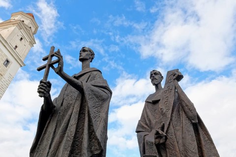 Bratislava castle, Bronze Statue of Saints Cyril, Methodius, and Gorazd in the castle gardens,