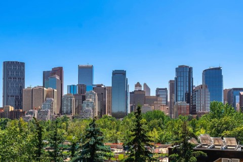 Modern skyscrapers rise above a foreground of lush green trees in calgary, alberta, canada,