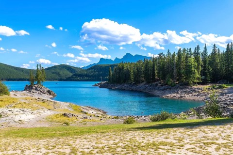 Turquoise waters of lake minnewanka reflecting a sunny sky with fluffy clouds, surrounded by lush