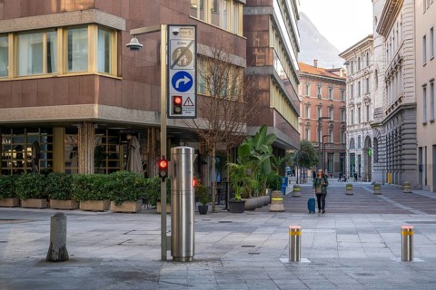 Bollard and Light Signal Pedestrian Zone, Lugano, Tessin, Switzerland