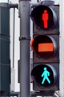 Pedestrian traffic light with yellow phase, Düsseldorf is the only city in Germany with a yellow