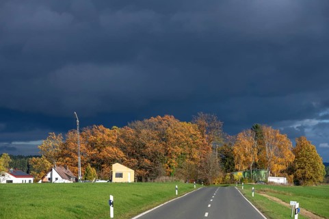 Stormy sky with autumn trees, Neunhof bei Lauf, Middle Franconia, Bavaria, Germany