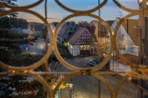 View from the castle window of the evening Neunhof near Lauf an der Pegnitz, Middle Franconia,
