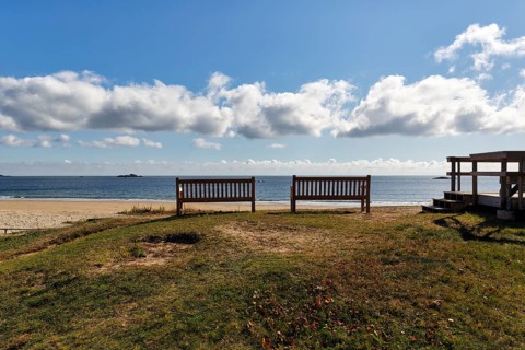 Two benches with views of the sandy beach and ocean, Singing Beach, Manchester-by-the-Sea, Cape
