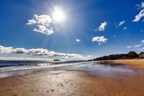 Deserted sandy beach, Cumulus, Sun rays in autumn, Singing Beach, Manchester-by-the-Sea, Cape Ann,