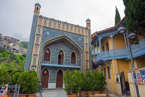 Oriental architecture with blue mosaics and elegant facades, Orbeliani Bath, Abanotubani Spa