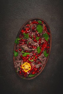 Georgian salad Tbilisi, boiled beef, with red beans and onions, sweet pepper, walnut and