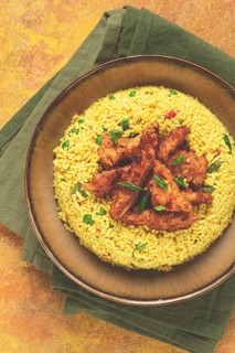 Crispy chicken fillet in soy sauce, with fried rice, homemade, no people