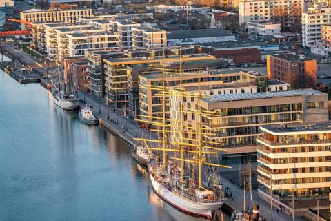 Overview of New Harbour residential buildings, sailing school ship Germany, Bremerhaven, Bremen,