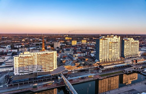 Columbus Center residential skyscrapers, front, over 550 apartments, partly luxurious condominium,