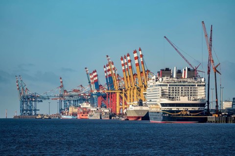 Disney Adventure cruise ship at Bremerhaven Cruise Port, MSC and Eurogate container terminal at