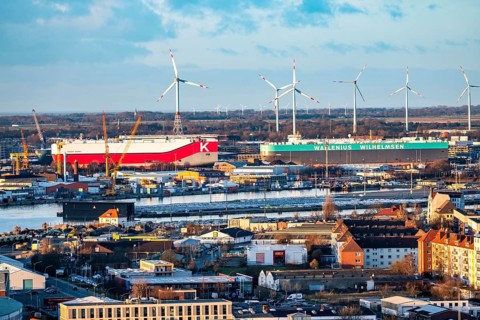 Overview of the overseas port with BLG Auto Terminal in Bremerhaven, Bremen, car transporter Aniara