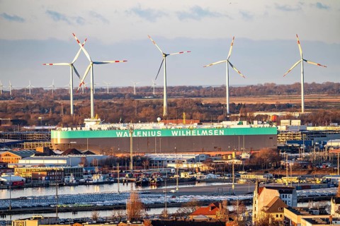 Overview of the overseas port with BLG Auto Terminal in Bremerhaven, Bremen, Aniara car transporter