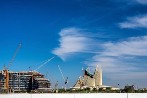View of a construction site and roof of the Zayed National Museum, Saadiyat Island, Abu Dhabi,