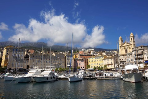 Old port with marina and church of Saint Jean-Baptiste à Bastia or church of St. John the Baptist,
