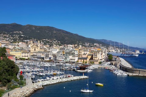 View from the citadel of the old port with marina and church of Saint Jean-Baptiste à Bastia or