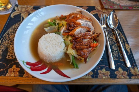 Duck breast with rice and vegetables in a Thai restaurant, Franconia, Bavaria, Germany