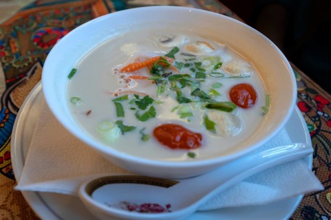 Vegetable soup with shrimp and coconut milk in a Thai restaurant, Franconia, Bavaria, Germany