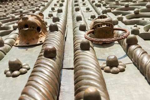 Lion heads at the main portal of Marcus Basilica, San Marco, Venice, Veneto, Italy