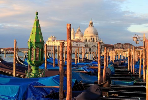Gondolas in front of the Piazzetta, behind the Basilca di S. Maria della Salute on the Grand Canal,