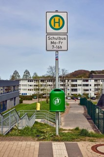 School bus stop, public trash can, general architecture, houses, modern architecture, apartment