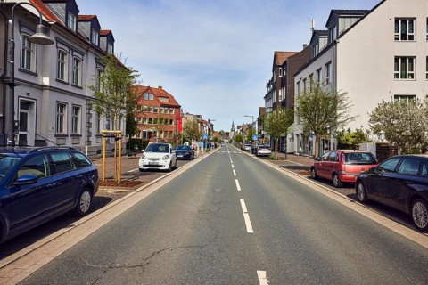 Street, residential buildings and commercial buildings, general architecture, parking strip with