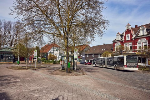 Niedersprockhövel church bus stop, bus platform, public architecture, houses, residential buildings