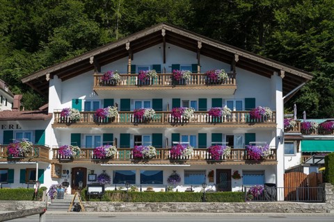 Apartment house with balcony and flowers, typical Bavarian house, town of Tegernsee, Upper Bavaria,