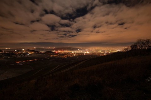 New Year's Eve view from Kapellberg near Fellbach towards Rotenberg Neckar Valley and Stuttgart.