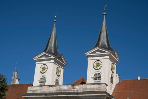 Towers of St. Quirinus Parish Church, Tegernsee Abbey, Castle with Braustüberl, Tegernsee, Upper