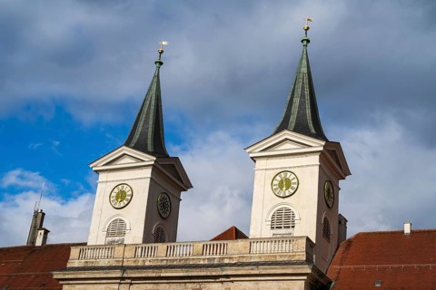 Towers of St. Quirinus Parish Church, Tegernsee Abbey, Castle with Braustüberl, Dramatic Clouds,
