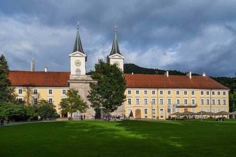 Parish Church of St. Quirinus, Tegernsee Abbey, Castle with Braustüberl, Dramatic Clouds, Town of