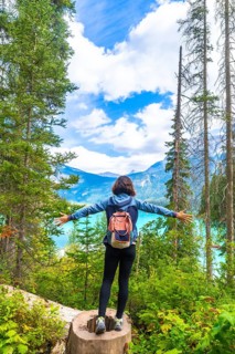 Female hiker standing on a tree stump with outstretched arms enjoying the breathtaking view of