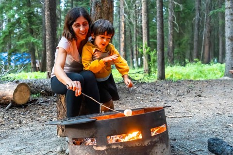 Mother and son roasting marshmallows over a campfire in banff national park, alberta, enjoying a