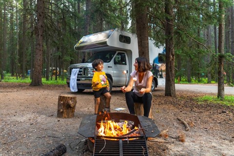 Mother and son roasting marshmallows over campfire near their camper van, enjoying a camping trip