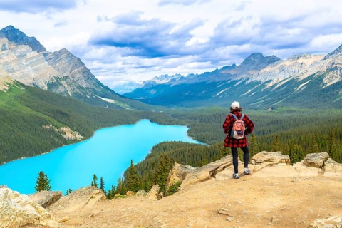 Hiker enjoying breathtaking view of turquoise peyto lake and surrounding rocky mountains in banff