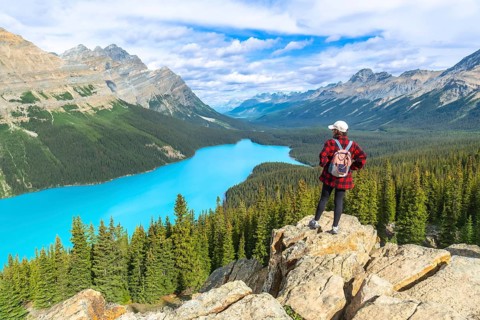 Female hiker standing on a rocky cliff enjoying breathtaking view of turquoise peyto lake and