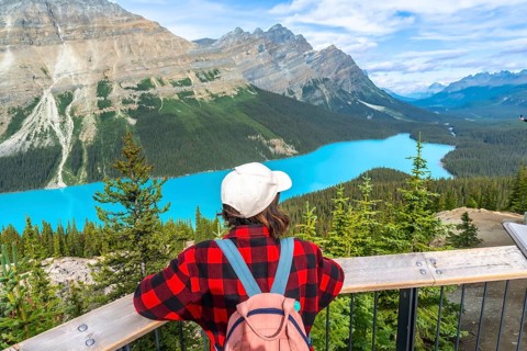 Female tourist with a backpack admiring the stunning turquoise waters of peyto lake, framed by the