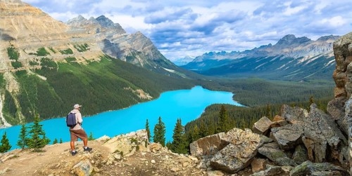 Tourist with backpack is enjoying the breathtaking panoramic view of the turquoise peyto lake and