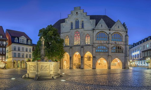 Town hall with market square illuminates Hildesheim Germany