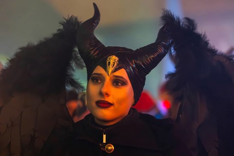 Teufelin, woman with horns and wings, Raunacht, winter, Waldburg Castle, Allgäu, Baden-Württemberg,