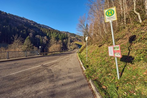 Bus stop Pfaffmühle, landscape photography, hills, hilly landscape, coniferous forest, trees,