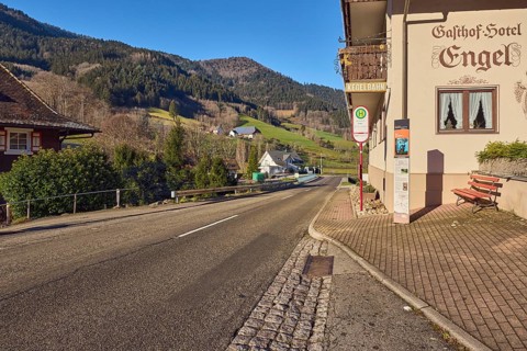 Simonswald Engel bus stop, Gasthof Hotel Engel, buildings, general architecture, landscape, hilly