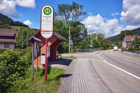 Simonswald Adler bus stop, bus shelters, road, sidewalk, car bridge and footbridge, metal railings,